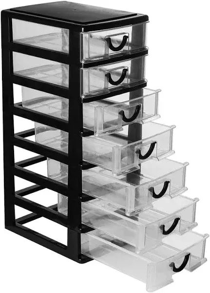 Rempry Mini Plastic Drawers Organizer, 7.1"cx5.1"x13.2" Small Storage Drawers Containers with 7 Clear Drawer Units, Black