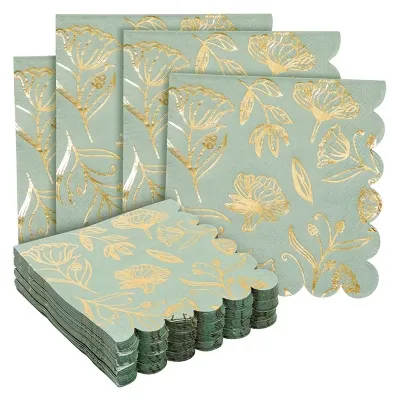 50 Pack Green Floral Party Scalloped Cocktail Paper Napkins, 3-Ply, 5 x 5 In