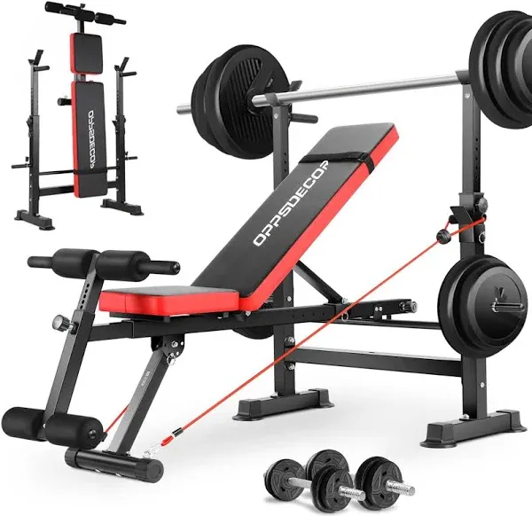 OPPSDECOR 600lbs 6 in 1 Weight Bench Set with Squat Rack Foldable Adjustable Bench Press Set with Removable Foot Catch