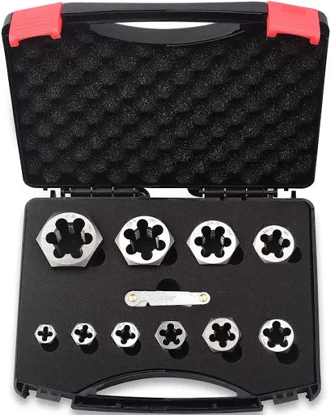 11 Piece UNC Hex Die Set 1/4" 5/16" 3/8" 7/16" 1/2" 9/16" 5/8" 3/4" 7/8" 1" Rethreading Carbon Steel Black Box with Handle