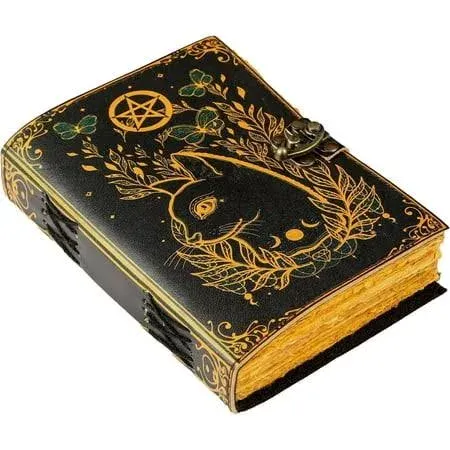 Blank Spell Book of Shadows Journal Little Witch Cat Printed Witchcraft Supplies Wiccan Notebook Handmade Vintage Deckle Paper Grimoire Journal Leather Sketchbook, Drawing Journal (7 X 5)