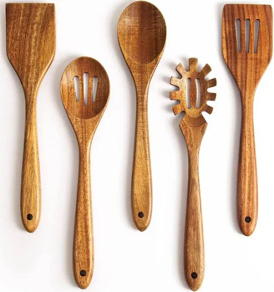 KITEISCAT Acacia Wooden Spoons for Cooking: 5-Piece Kitchen & Cooking Utensils Set - Wooden Spatula, Slotted & Pasta Spoon - Essential Wooden