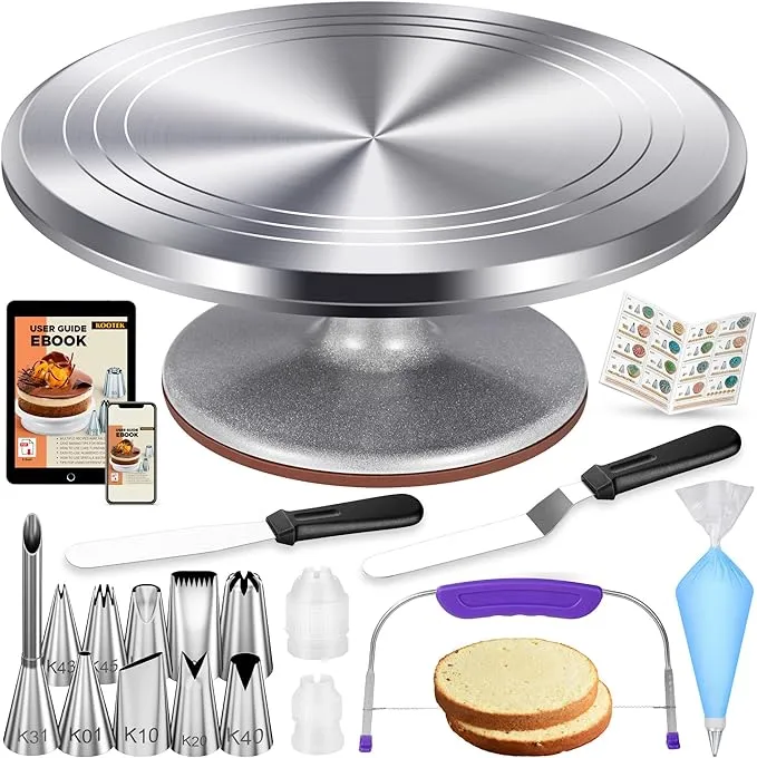 Kootek 51 Pcs Cake Decorating Kit with 12" Aluminum Alloy Rotating Cake Turntable, Cake Leveler, Frosting Tools Offset and Straight Spatulas,