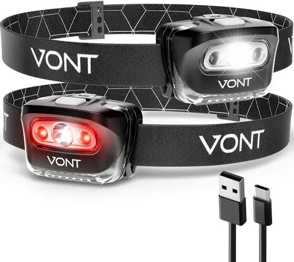 Vont LED Headlamp [Batteries Included, 2 Pack] IPX5 Waterproof, with Red Light, 7 Modes, Head Lamp, for Running, Camping, Hiking, Fishing, Jogging, Headlight Headlamps for Adults & Kids, Red