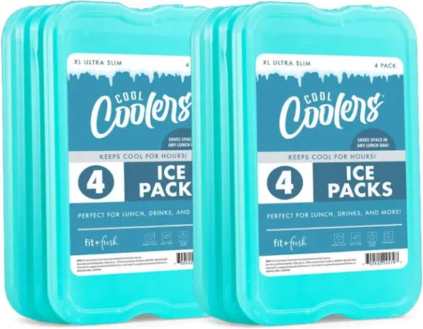 Fit & Fresh Cool Coolers, Reusable & Long-Lasting XL Slim Ice Packs, Cold packs for lunch boxes, ice pack for lunch bags. Cooler accessories for Camping, Beach, Lunch, and Work, 8PK, Pink