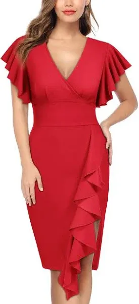 Knitee Women's Deep-V Neck Ruffle Sleeves Cocktail Party Pencil Slit Formal Dress