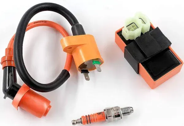 Trkimal High Performance Racing AC Cdi Box 6pin + Ignition Coil + 3 Electrode Spark Plug for GY6 50cc 80cc 125cc 150cc Moped Scooter ATV Go Kart