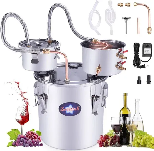 Suteck Alcohol Still 3Gal 12L Stainless Steel Alcohol Distiller Copper Tube Spirit Boiler with Thumper Keg and Build-in Thermometer for Home Brewing and DIY Whisky Wine Brandy Making, Included Pump