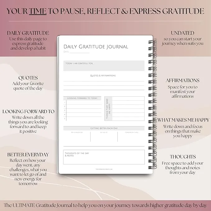 Gratitude & Mindfulness Journal | Gratitude Template, Self Care Planner, Positivity Diary, Daily Journal, Gratitude Jar, Wellness, Manifestation Journal | A5 Lux