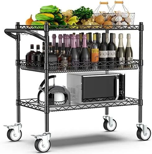 Leteuke 3 Tier Rolling Carts with Wheels,990Lbs Heavy Duty Rolling Utility Cart,NSF Commercial Grade Metal Cart with Handle&Shelf Liner,Trolley