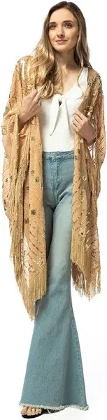 Womens Oversize Hand Beaded Fringed Sequin Evening Shawl Wrap In Gold