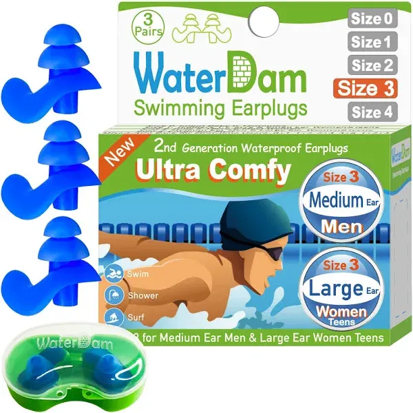 WaterDam Swimming Ear Plugs Great Waterproof Ultra Comfy Earplugs Prevent Swimmer's Ear (Size 1+2: Toddlers & Kids Teens Small Medium Ear Women)