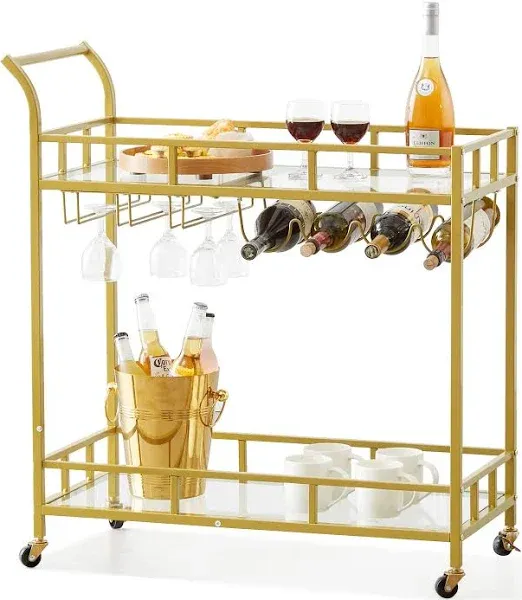 LAFGUR Bar Cart Gold, 2 Tiers Home Bar Serving Cart on Lockable Wheels, Rolling Alcohol Cart with Tempered Glass Shelves Guardrail Wine Rack, Modern Wine Cart for Home Kitchen Dining and Living Room