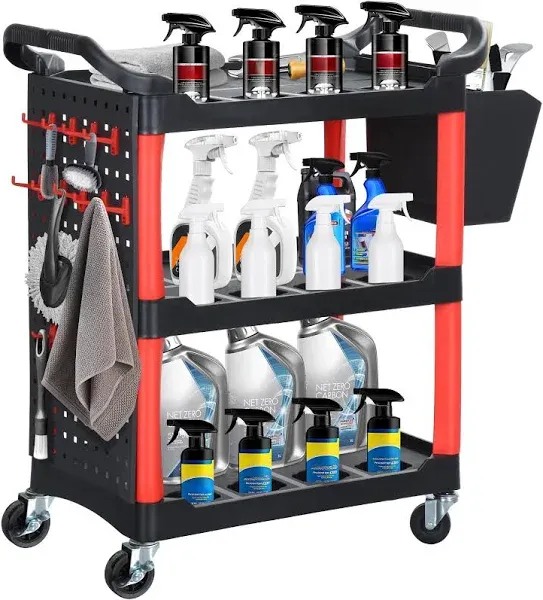 YITAHOME Auto Detailing Cart with Wheels, 3 Tier Rolling Detail Cart with Long Hanging Plate & Hooks & Hanging Bucket, Car Wash Organizer Cart for Detailers Garage, Workshop, Repair Shop, Storage Tool