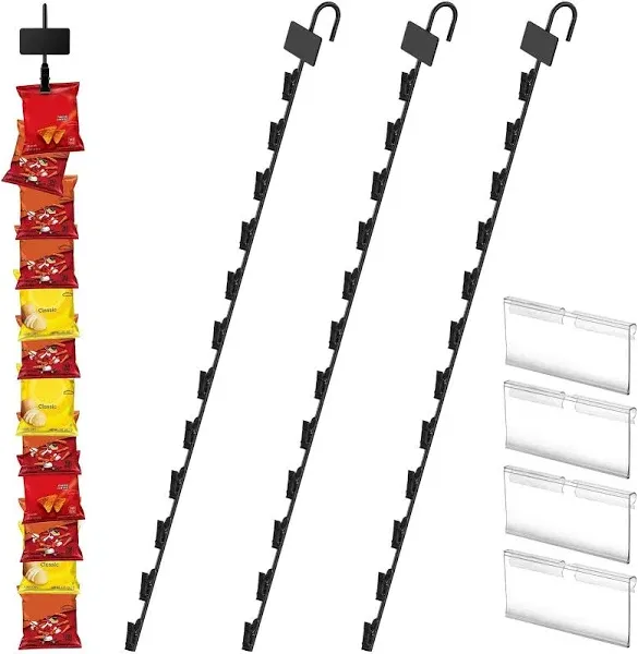 Hanging Merchandise Strips with Hooks, Pack of 4 – 31”Chip Rack with 12 Clips, Chips Holder, Hanging Display Strip for Retail Displaying (Black)