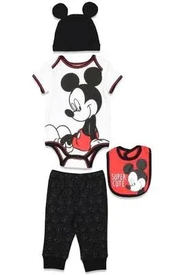 Disney Mickey Mouse 4 Piece Outfit Set: Bodysuit Pants Bib Hat