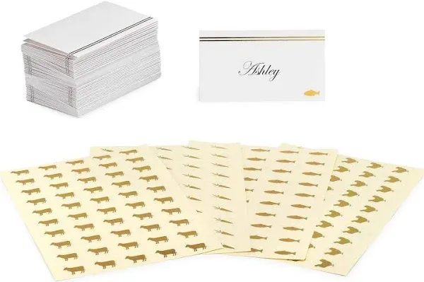 50-Pack Place Cards for Weddings – Elegant Name Cards for Table Setting – Pre-Folded & Tented Table Place Cards – with 200 Self-Adhesive Meal Choice Stickers – Silver Foil Design