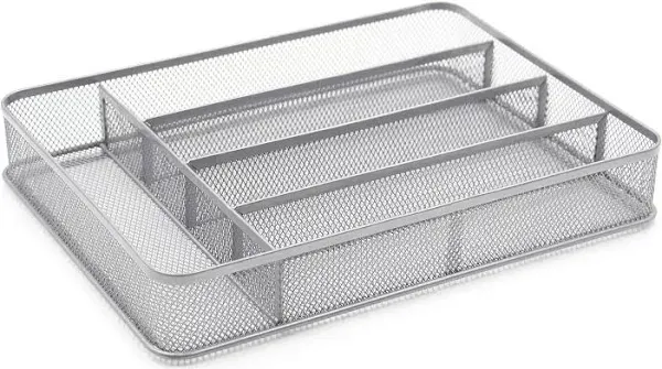 TQVAI 5 Compartment Mesh Kitchen Cutlery Trays Silverware Storage Kitchen Utensil Flatware Tray, Silver