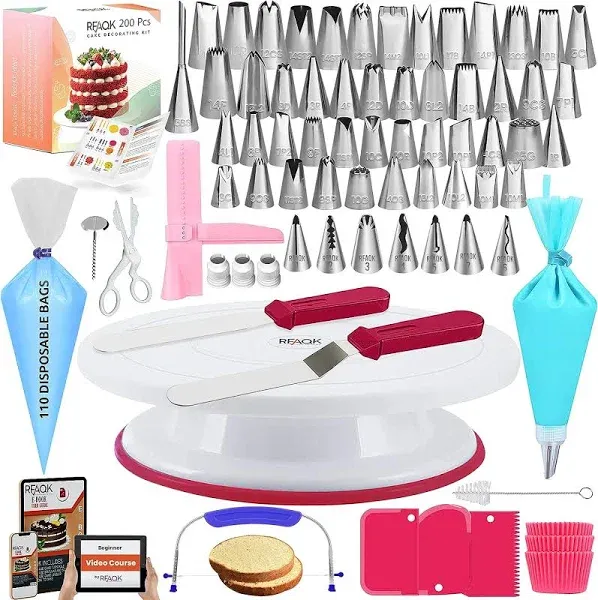 RFAQK 200PCs Cake Decorating Kit for Beginners with Turntable for 200 PCs