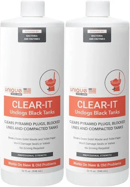 Unique Clear-It RV Black Tank Unclogger Liquid - Unclogs Camper Black Water Holding Tanks, Breaks Through Pyramid Plugs, Compacted Tanks, and Clogged Pipes - Formerly Tank Cleaner (32 oz.)