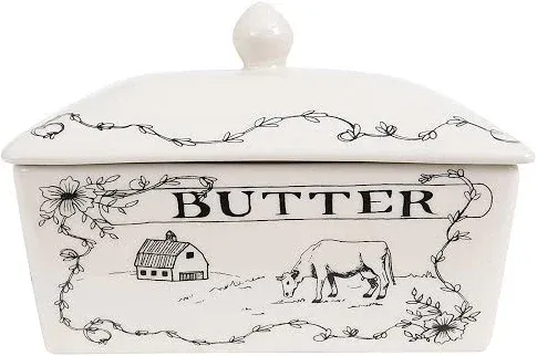 Country Stoneware Butter Dish with Lid, &#034;Spread the Love&#034; Message, and Farm Line