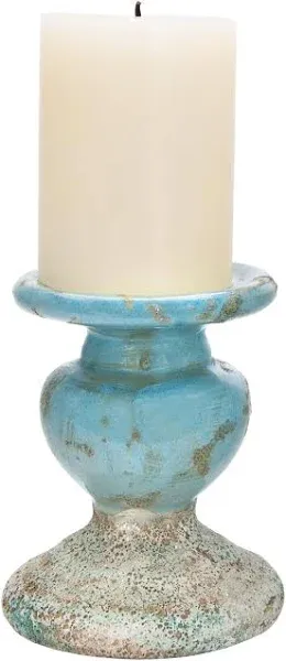 Small Distressed Blue Terracotta Pillar Candle Holder