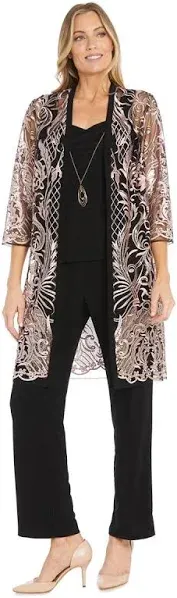 R M Richards 34 Sleeve Round Neck Embellished Sequin Duster Jacket 3-Piece Pant Set - 10