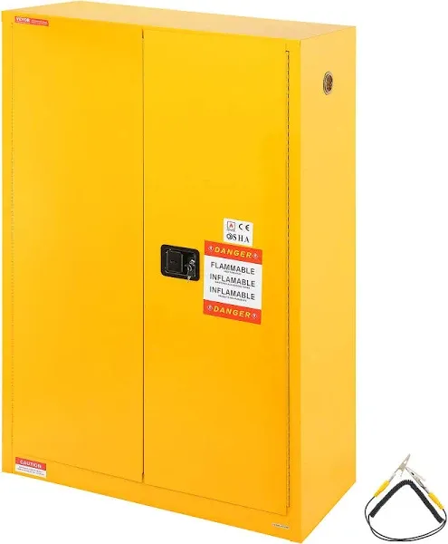 VEVOR Flammable Safety Cabinet, 45 Gal, Cold-Rolled Steel Flammable Liquid Storage Cabinet, 42.9 x 18.1 x 65.2 in Explosion Proof with 2 Adjustable Shelves 2 Manual Doors for Industrial Use, Yellow