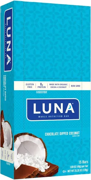 Luna
Gluten Free Whole Nutrition Bars Chocolate Dipped Coconut -- 15 Bars
SKU #: 722252200693
Shipping Weight:
1.795 lb