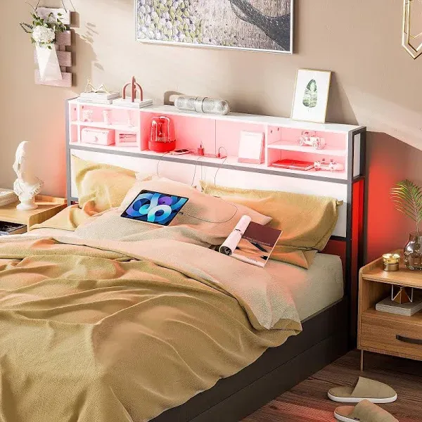 Pakasept Queen Headboard with Outlets, USB Ports, and LED Light