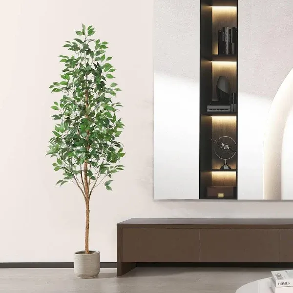 7FT Artificial Ficus TreeFake Tree with Natural Wood Trunk and Lifelike Leave...