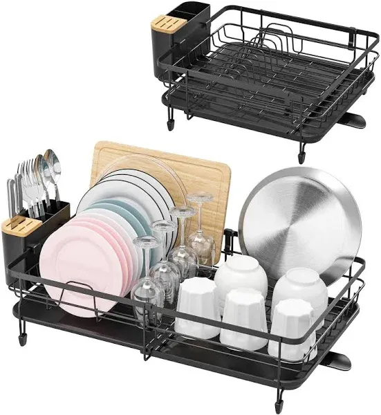 TOOLF Expandable, Adjustable Dish Rack, Foldable Dish Drying Rack with Removable Cutlery Holder Swivel Drainage Spout, Anti-Rust Plate Rack for Kitchen, 1 Piece, Black