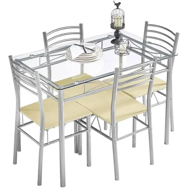 VECELO Dining Set 5-Piece High Back Armless Chair Durable Metal/Wood Silver