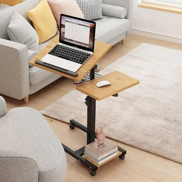 Mobile Height Adjustable Laptop Desk with Mouse Pad, Portable Laptop Desk Rolling Tiltable Table with Small Side Table for Couch,Rolling Computer Stand (Natural Color)