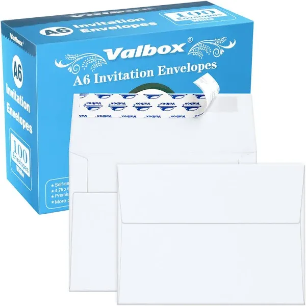 ValBox 100 Qty A6 Envelopes Self Seal 6.5 x 4.75" White Kraft Paper Invitation Envelopes for 4x6 Cards, Photos, Invitations, Weddings, Baby Shower, Birthday, Announcements, RSVP (A6)