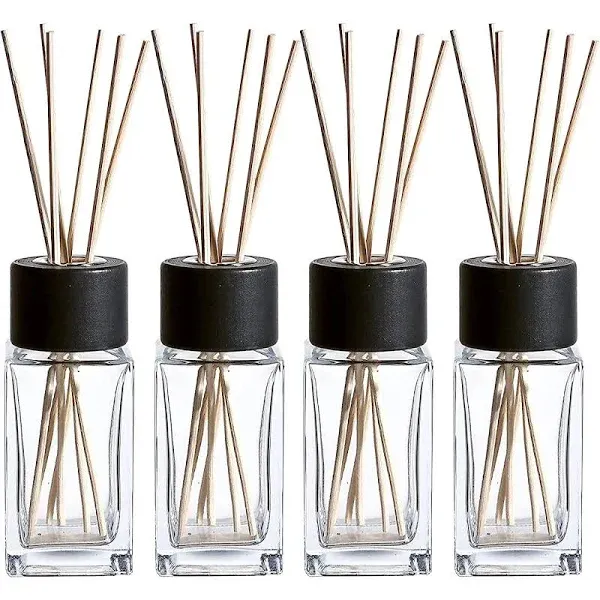 Whole HOUSEWARES Natural Diffuser Reeds Bottles Sticks | Clear Glass Home Décor for Kitchen and Living Room | Black Wood Caps | Décorative Fragrance Set with Long Lasting Aroma - Set of 4