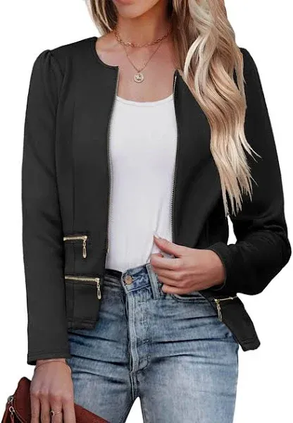 Zeagoo Womens Blazer Cropped Open Front Zipper Dress Jacket O Neck Casual Office