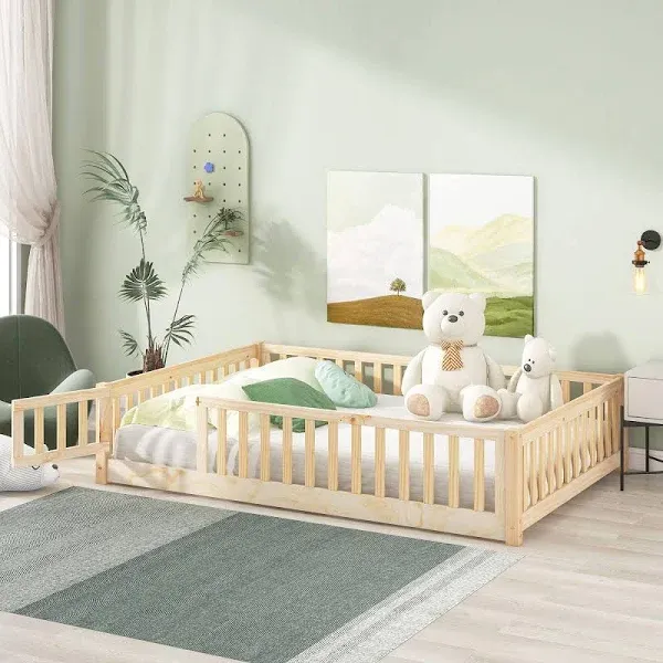 LostCat Twin Size Floor Bed Frame with Fence and Door Design, Wood Montessori Floor Bed with Slat Support, Montessori Bed Frame for Kids Girls Boys, No Box Spring Needed, Natural