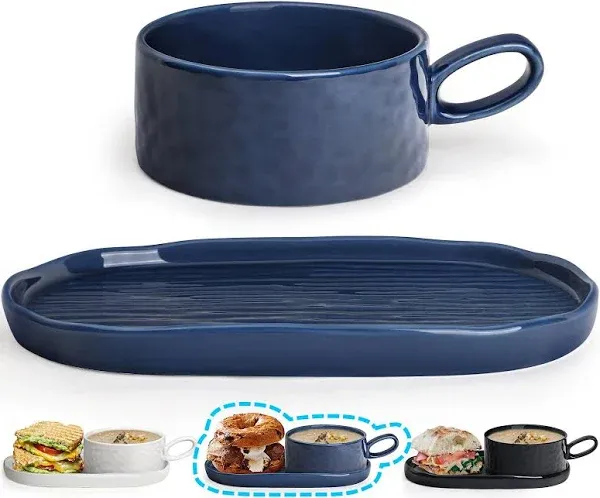 Soup Bowl with Handle & Salad Plate, Soup and Sandwich Plate Combo, 18oz Soup Mug/Cup for Cereal, Ceramic Pasta Plate for Appetizer, Dessert, Rice, Dishwasher & Microwave Safe, Navy Blue