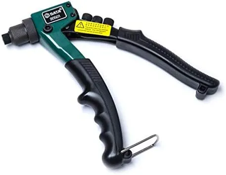 SATA ST90501SC 8-Inch Riveter Gun, with a Heavy-Duty Steel Body and a Spring-Loaded Rubber Handle That Ejects Rivet Stems Automatically