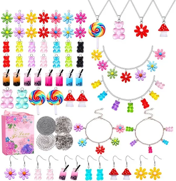 HSWE 263 PCS Charm Bracelet Making Kit,Colorful Gummy Candy Bear Milk Tea Lollipop Flower Pendant Charms Cute Funny Mushroom Earring Necklace DIY Jewelry Craft Making for Women