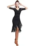 Women Latin Salsa V-neck Short Sleeve Dance Dress Tango Ballroom Costume Rumba