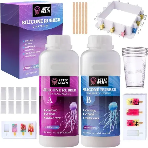 LET'S RESIN Silicone Mold Making Kit, 43oz Liquid Platinum Cured Silicone Rubber w/Mold Housing, Mixing Cups, Fast Cure Mold Making Silicone for Casting Resin Molds & Silicone Molds