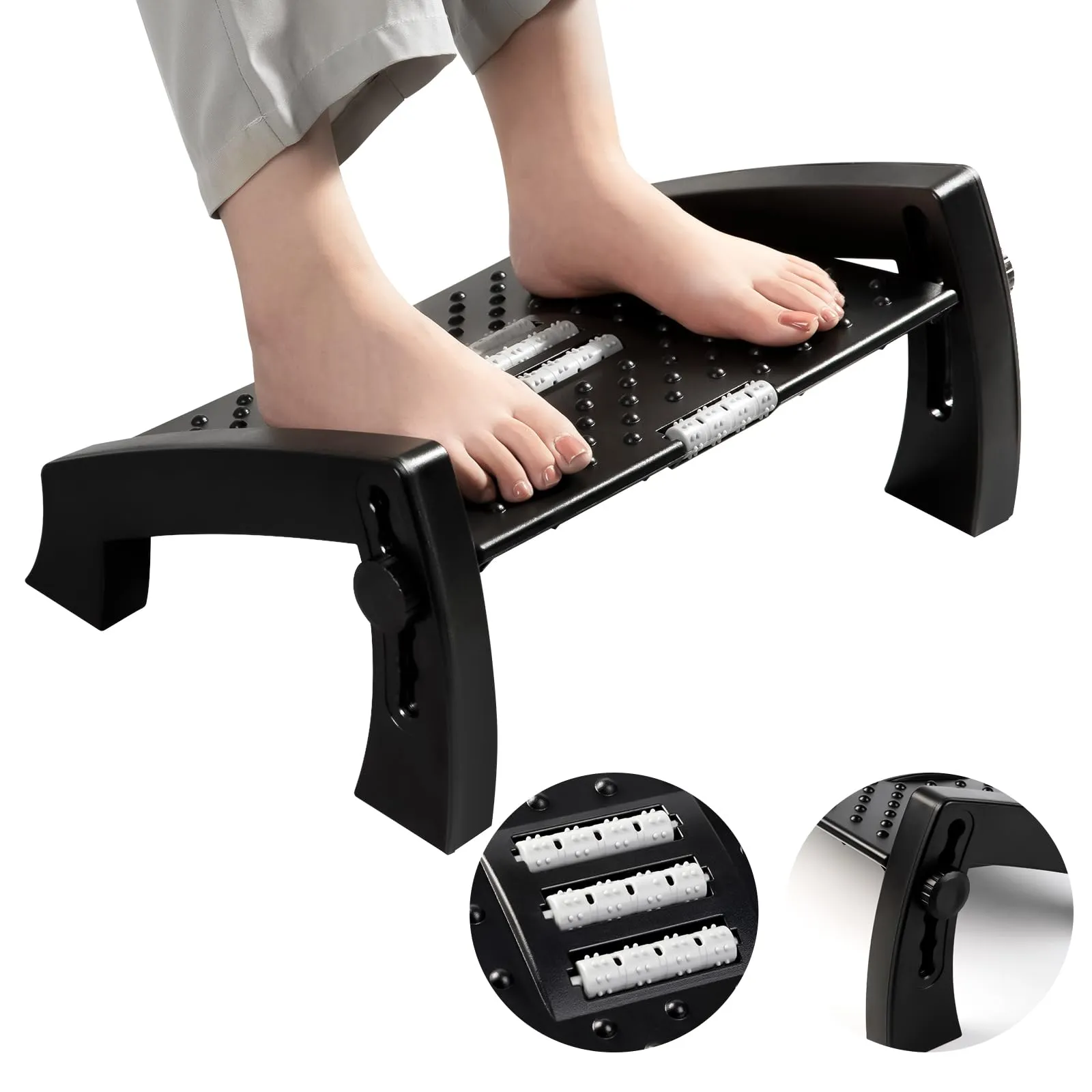 Foot Rest for Under Desk at Work,Adjustable Height Foot Rest,Ergonomic Foot Stool with Roller Massage for Pressure Relief,Portable Footstool Comfortable Leg Rest Under Desk for Office & Home (Black)