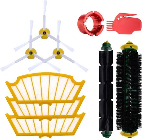 Replacement Parts Compatible with iRobot Roomba 500 555 560 561 562 570 581 and Models with Green or Red Cleaning Head - 2 Roller, 3 Filter, 3 Side Brush, 1 Front Ball Wheel Caster Assembly