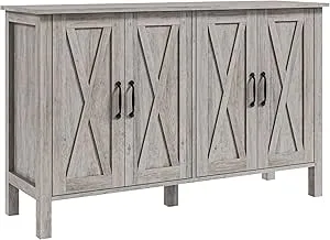 Sideboard Buffet Cabinet with 4 X-Shaped Barn Doors and 2 Adjustable Shelves Farmhouse Coffee Bar Cabinet Bookcase for Dining Room Living Room Kitchen Study Room (Grey)