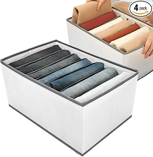 4 Pack Wardrobe Closet Organizer and Storage for Clothes - 7 Grids Foldable Drawer Dividers Organizers for Jeans | Pants | Shirts | Leggings, Stackable Clothing Bins for Closets Organization