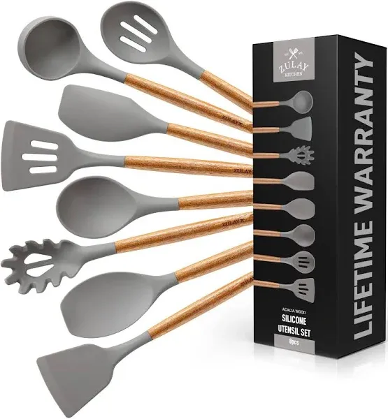 Zulay Kitchen 8 Piece Silicone Utensils Set with Natural Acacia Hardwood Handles, Gray