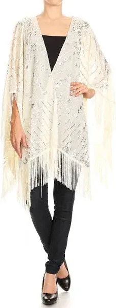 Anna-Kaci Oversize Beaded Fringed Sequin Evening Shawl