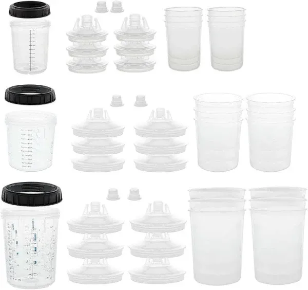 Master Paint System 3 Cup Size 6 oz, 20 oz, 27 oz Variety Pack Set, MPS Disposable Paint Spray Gun Cup Liners and Lid System, 6 Pack Kit of Each Size, Lids with Strainers, Hard Cups, Retainer Rings